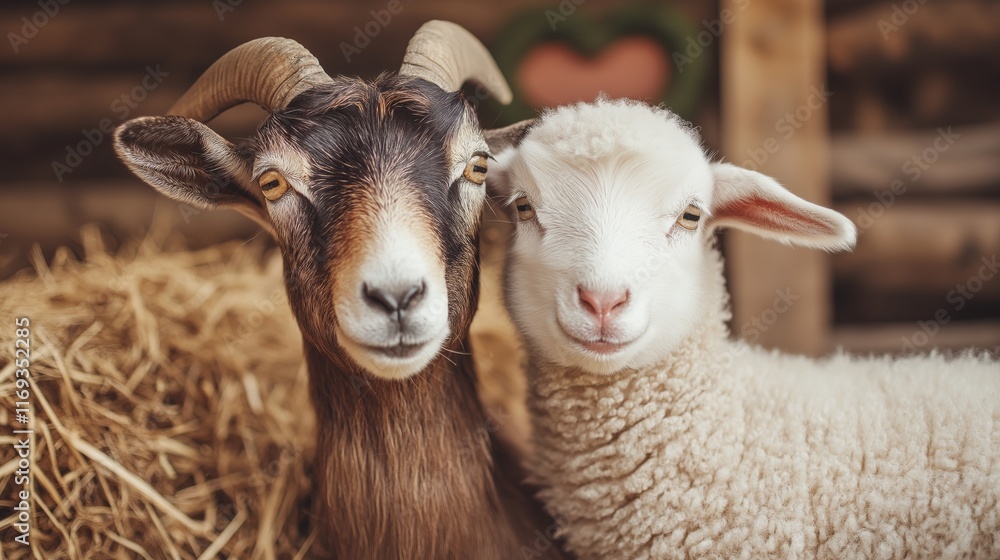 Fototapeta premium A goat and a lamb standing closely together in a rustic setting with hay in the background