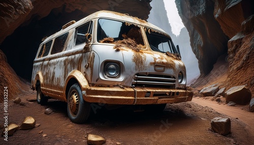 old car rusted in the desert, in the mountains, abandoned and lost