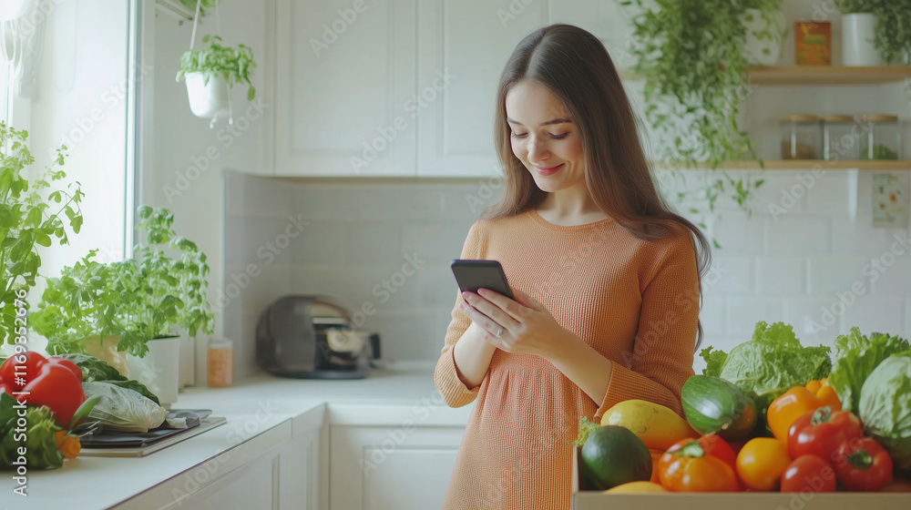 fresh goods delivery concept, woman check recipe on her smartphone, standing next to box fresh fruits and vegetables in kitchen
