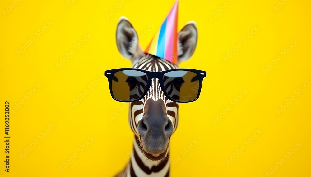 Fototapeta premium A Cool Zebra Celebrates in Style: Party Hat, Sunglasses, and a Yellow Background