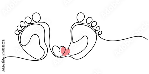 Baby foot barefoot heart icon continuous one line drawing, Kid feet graphic icon. Child bare feet sign isolated on white background. Vector illustration, Concept of Wellness massage and Care skin. 