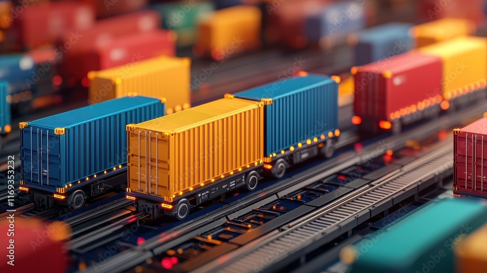 A vibrant array of colorful shipping containers lined up on tracks, highlighting the logistics and transportation industry. A vibrant array of colorful shipping containers lined up on tracks, highlighting the logistics and transportation industry.