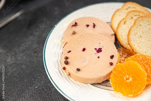 Fototapeta Naklejka Na Ścianę i Meble -  Foie gras snack goose liver French cuisine fresh tasty food dish delicious gourmet food background on the table rustic food top view copy space