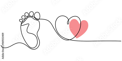 Baby foot barefoot heart icon continuous one line drawing, Kid feet graphic icon. Child bare feet sign isolated on white background. Vector illustration, Concept of Wellness massage and Care skin. 