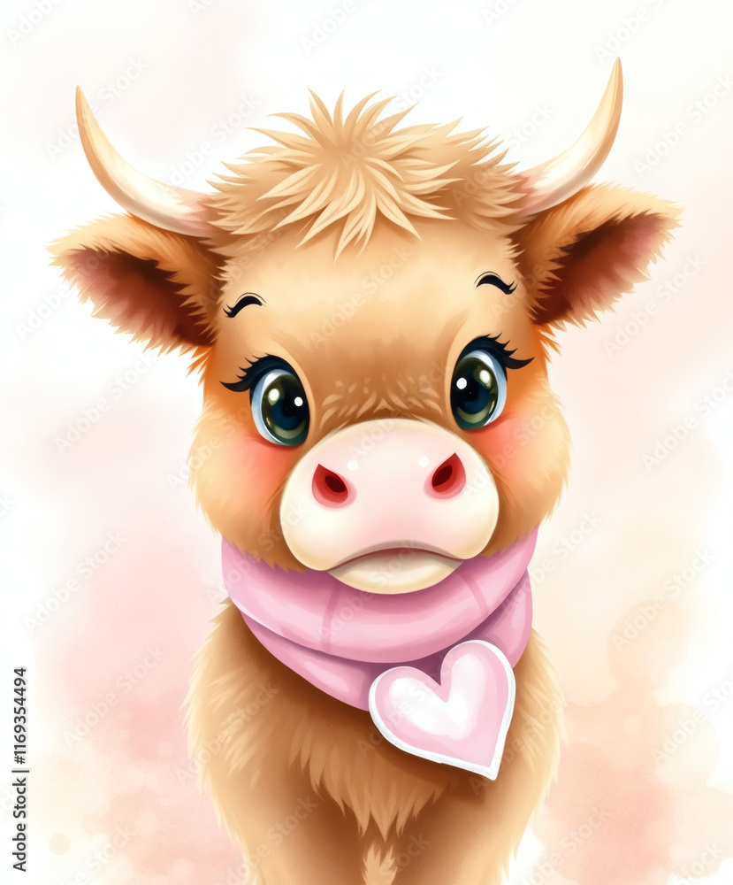 Fototapeta premium Cute and playful young cow with a charming expression and heart-shaped necklace in a pastel background