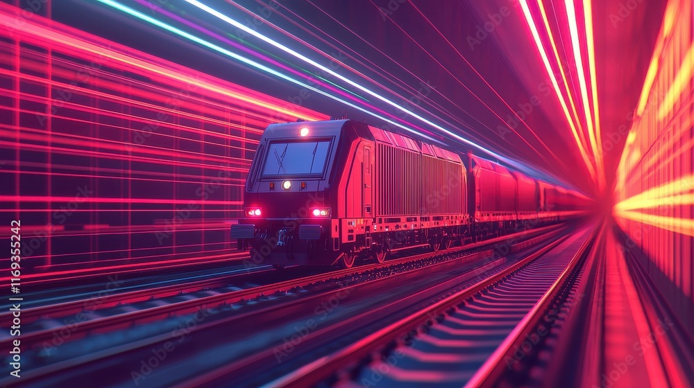 Obraz premium A futuristic train rushes through a neon-lit tunnel, with vibrant light trails enhancing the sense of speed and motion.