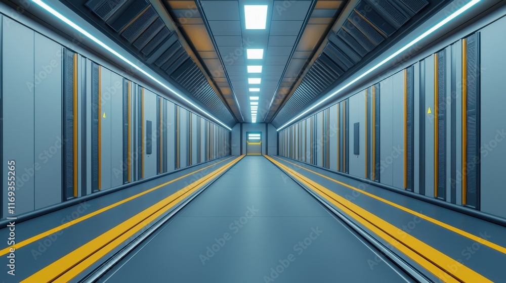 Fototapeta premium A futuristic, sleek corridor with illuminated walls and yellow stripes, suggesting a high-tech environment.