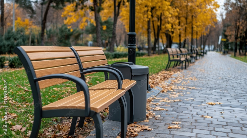 Public seating area features wooden benches and a garbage bin, providing a cozy spot for relaxation on a bustling city street. Public seating area features wooden benches and a garbage bin, providing a cozy spot for relaxation on a bustling city street.