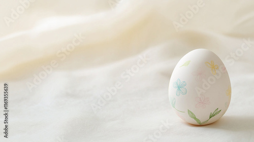 Decorated pastel easter egg resting on soft white cloth: spring floral design for festive holiday celebration. Ideal for greetings or promotions with space for text or ads photo