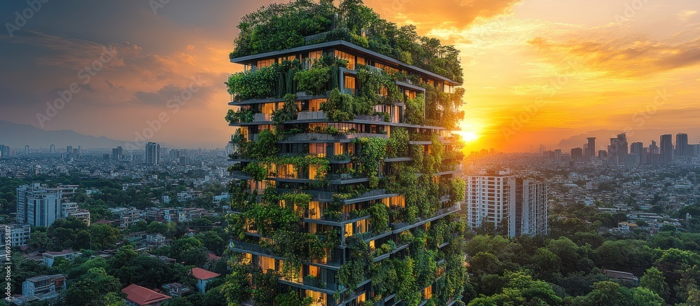 Obraz premium Lush green skyscraper at sunset over city.