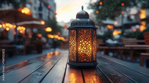 A glowing lantern sits on a wooden table in a softly lit outdoor setting. Perfect for Ramadan or Eid designs. photo