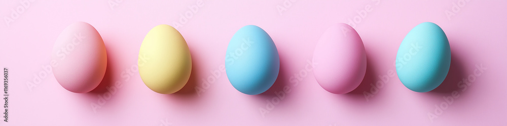 Fototapeta premium Five pastel colored easter eggs lying on pink background