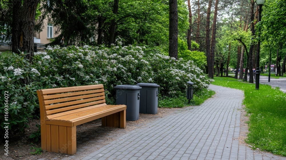 Public seating area features wooden benches and a garbage bin, providing a cozy spot for relaxation on a bustling city street Public seating area features wooden benches and a garbage bin, providing a cozy spot for relaxation on a bustling city street
