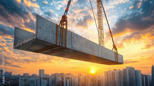 Dynamic Lifting of Precast Slab at Golden Hour Sunset
