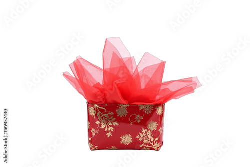 A Lunar New Year gift basket wrapped in red cellophane, shiny and festive, isolated on a white background. PNG transparent.
