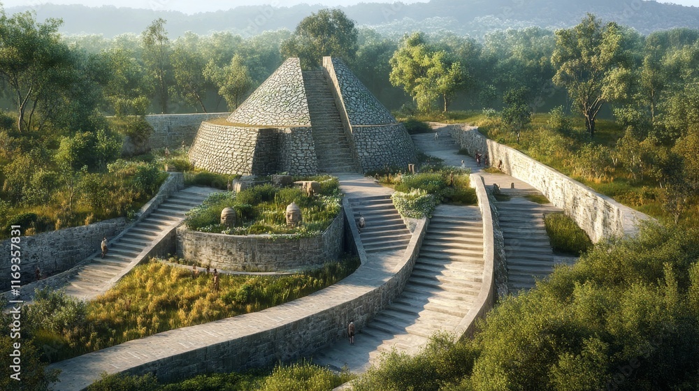 Fototapeta premium Stone pyramid, winding stairs, lush greenery, serene landscape.
