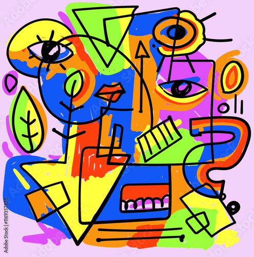 abstract face portrait cubism art style, decorative, line art hand drawn vector illustration.Group of colorful abstract face portrait cubism art style, decorative, line art hand drawn vector.