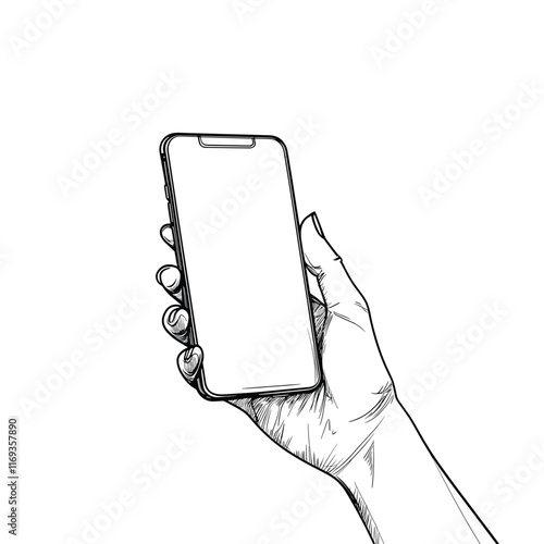 Line drawing of hand holding smartphone, blank screen.