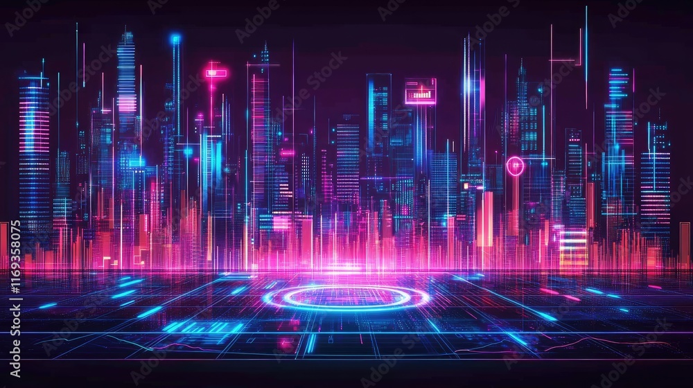 Neon cityscape with glowing lines and digital platform. Ideal for futuristic or technology-related backgrounds presentations and website banners. Neon cityscape with glowing lines and digital platform. Ideal for futuristic or technology-related backgrounds presentations and website banners.