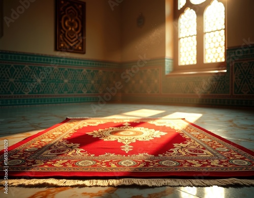 Ornate islamic prayer rug in sunlit room for cultural and religious design photo