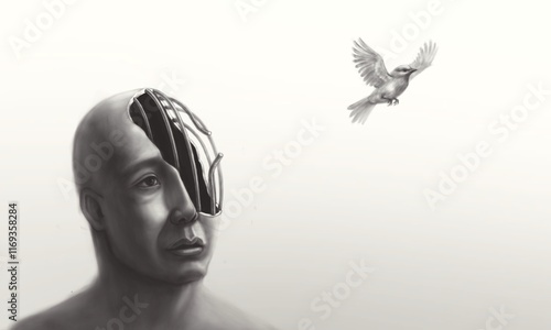 Freedom, escape, mindfulness concept artwork. surrealillustration. a bird flying out of a birdcage in human's mind. photo