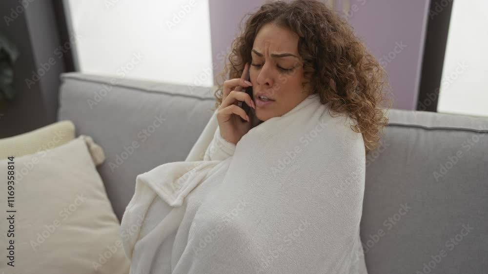 Young woman wrapped in a blanket talking on phone in cozy home setting showing concern. Young woman wrapped in a blanket talking on phone in cozy home setting showing concern.