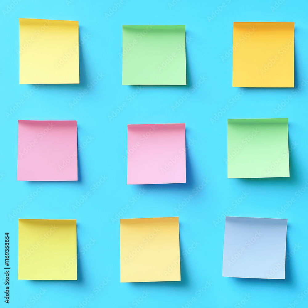 Colorful sticky notes on bright blue background Colorful sticky notes on bright blue background