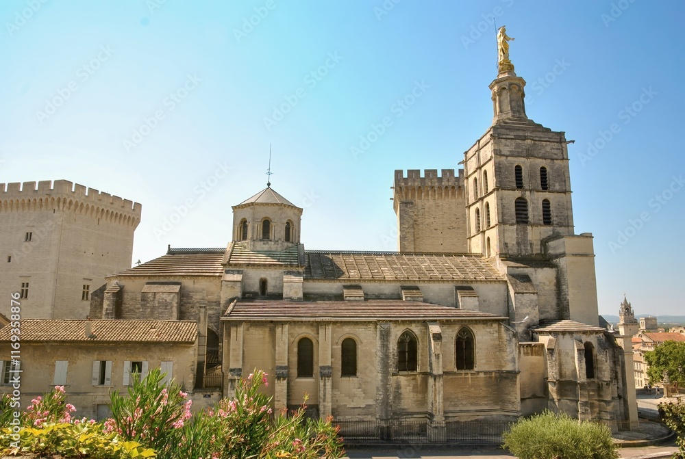 The magnificent Avignon Cathedral in Provence, France, with its historic architecture and golden statue.