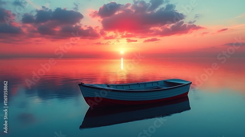 small boat peacefully drifting on a calm sea at sunset. The sky is ablaze with vibrant hues of orange and pink, casting a warm glow on the water's surface
