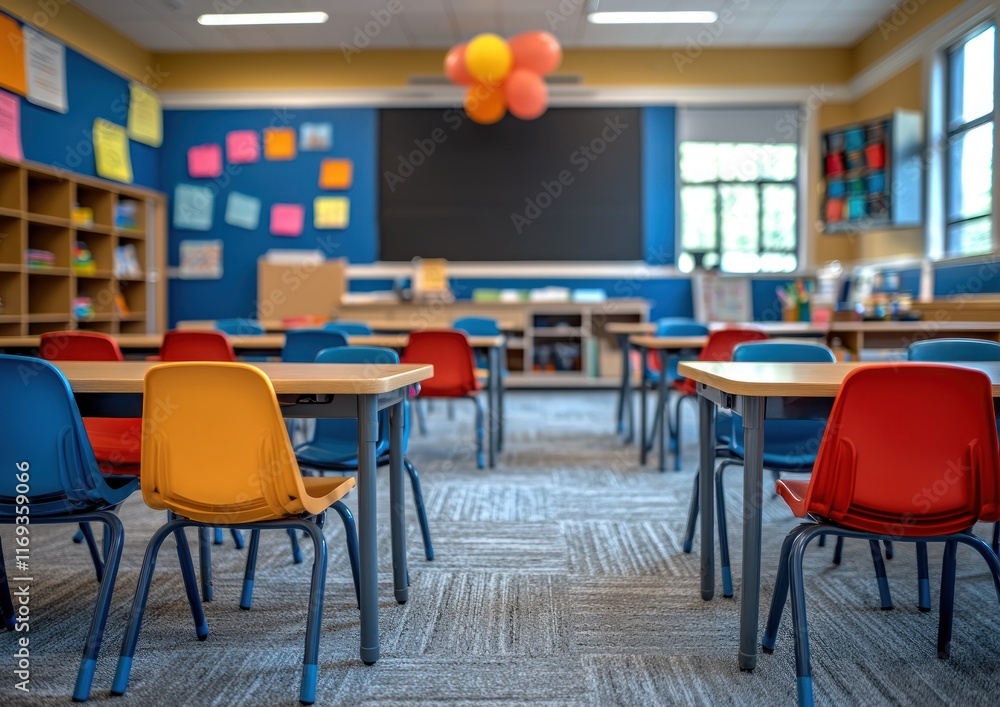 A colorful classroom setup with desks, chairs, and educational decorations. A colorful classroom setup with desks, chairs, and educational decorations.