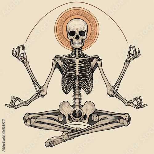 Meditative skeleton in a seated pose, halo behind head.