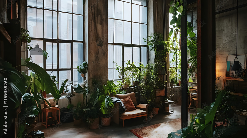 A cozy industrial loft features tall factory windows, abundant greenery, and inviting seating areas creating a warm and tranquil atmosphere A cozy industrial loft features tall factory windows, abundant greenery, and inviting seating areas creating a warm and tranquil atmosphere