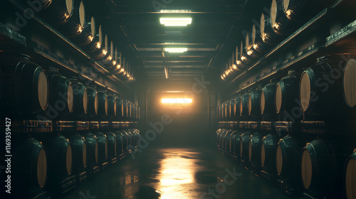 Wallpaper Mural A dramatic industrial storage space features rows of wooden barrels illuminated by soft light, creating a moody, atmospheric scene with reflections on the floor Torontodigital.ca