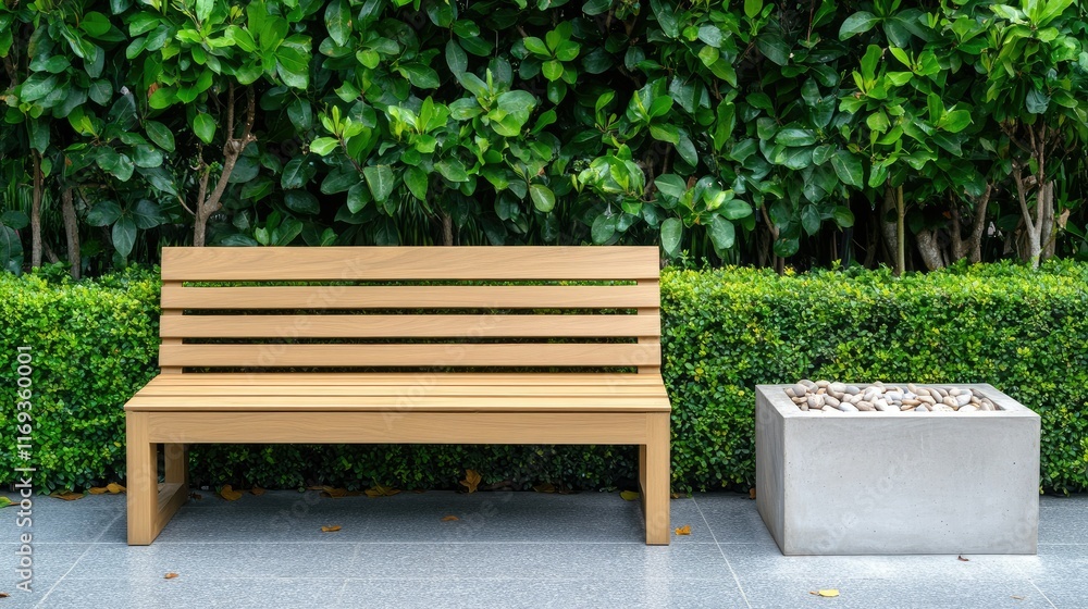 Relaxing garden area features a wooden bench and concrete table surrounded by greenery and scattered leaves for a peaceful retreat. Relaxing garden area features a wooden bench and concrete table surrounded by greenery and scattered leaves for a peaceful retreat.