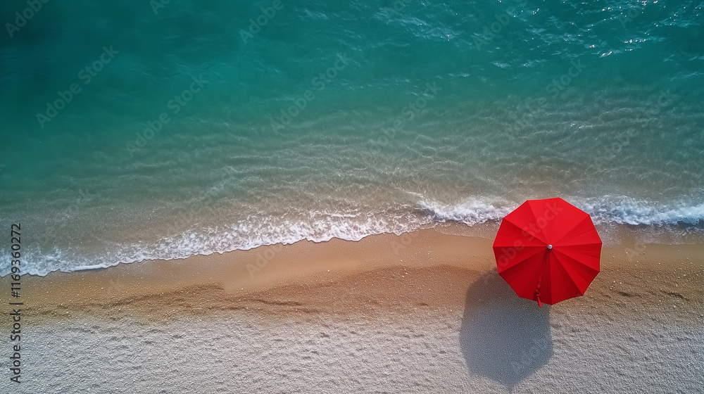 red umbrella on empty beautiful beach, high angle or drone view, minimalism image concept, luxury holiday background red umbrella on empty beautiful beach, high angle or drone view, minimalism image concept, luxury holiday background