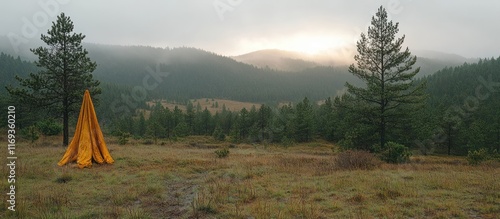 Orange fabric draped near trees in a misty mountain landscape. photo