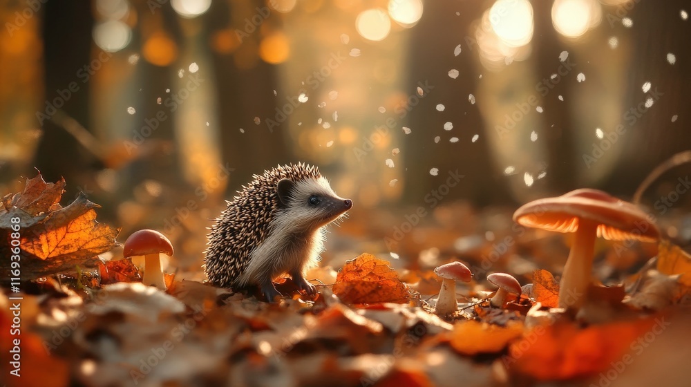 Obraz premium Autumn Hedgehog Amidst Fallen Leaves and Mushrooms