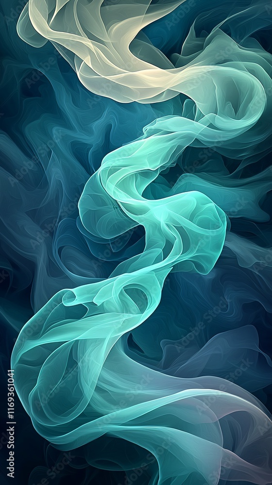 Obraz premium Abstract teal and beige smoke swirls on dark background.