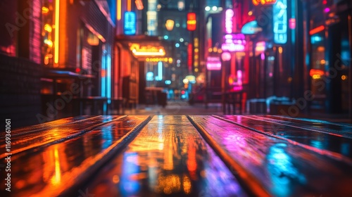 A vibrant neon-lit alleyway reflects colorful lights on a wet wooden floor, evoking a lively urban atmosphere at night.