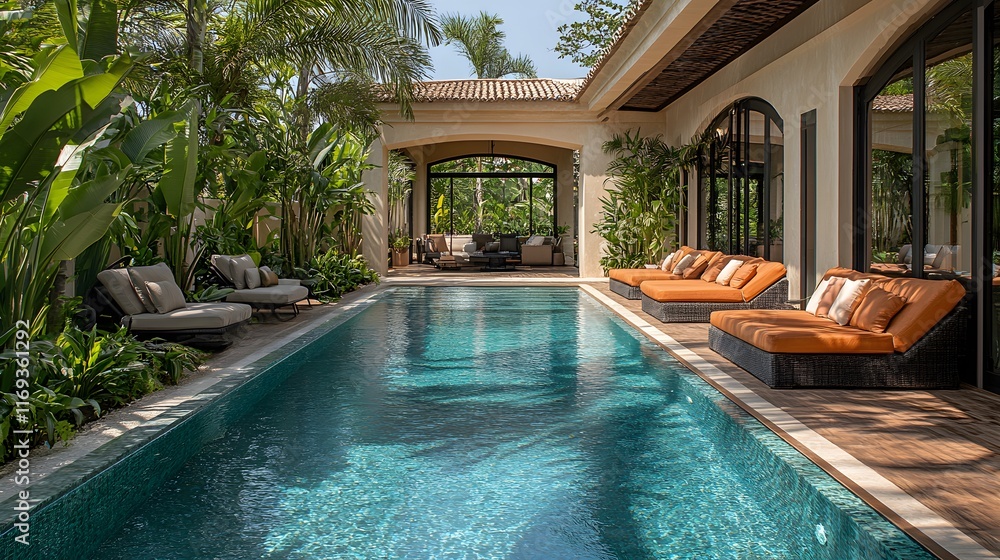 Obraz premium A tropical pool deck with a shaded pergola and comfortable loungers