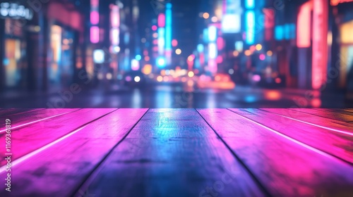 A vibrant urban scene at night with colorful neon lights reflecting on wet pavement, creating a lively, futuristic atmosphere. photo