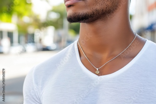 A close-up of a minimalist gold pendant necklace worn by a man in a simple white shirt, adding a touch of elegance and sophistication to his casual look. photo