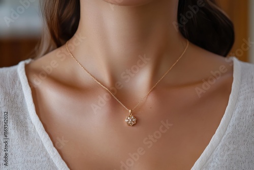 This elegant image showcases a delicate gold necklace featuring a beautiful floral pendant, perfect for adding a touch of femininity to any outfit or occasion. photo