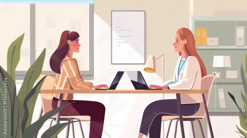 Two young businesswomen, colleagues or students discuss joint task seated at desk with laptop. Manager makes commercial offer, proposal, convinces customer to buy company services. Business meeting Two young businesswomen, colleagues or students discuss joint task seated at desk with laptop. Manager makes commercial offer, proposal, convinces customer to buy company services. Business meeting