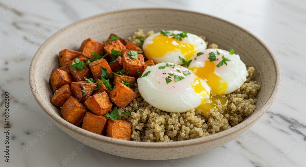 A breakfast bowl with quinoa roasted sweet potatoes and poached eggs