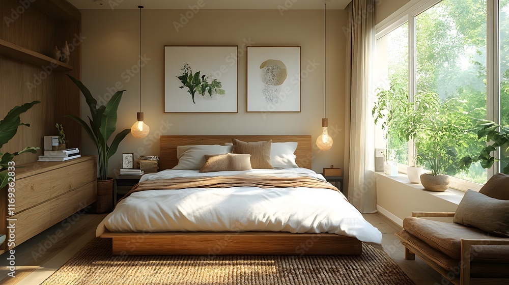 Fototapeta premium A small bedroom optimized for summer, featuring airy curtains and functional furniture