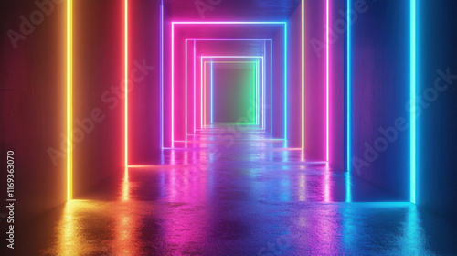 Vibrant neon tunnel with glowing lights photo