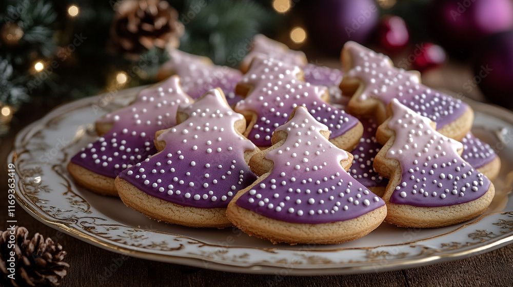 Holiday-themed decorated cookies on a festive platter with seasonal decorations Holiday-themed decorated cookies on a festive platter with seasonal decorations