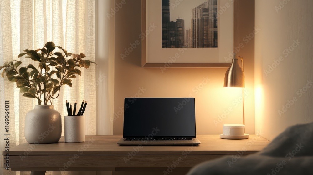 A peaceful workspace with neutral tones, a laptop, and soft lighting to inspire focus and calm. A peaceful workspace with neutral tones, a laptop, and soft lighting to inspire focus and calm.