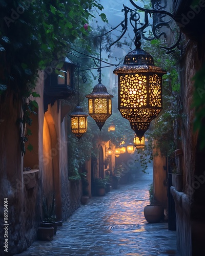 Magical, dimly lit alleyway at night with ornate lanterns. photo